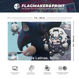 A mockup depicting custom flag specifications and measurements for 'freakri flag'