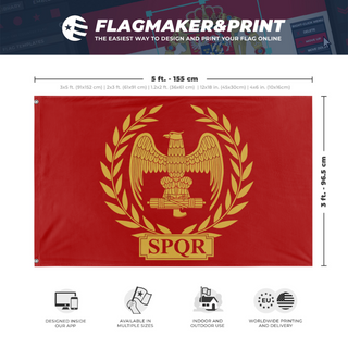 A mockup depicting custom flag specifications and measurements for 'Roman Empire flag'
