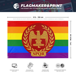A mockup depicting custom flag specifications and measurements for 'Roman Empire Pride flag'