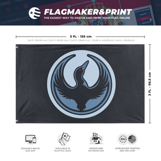 A mockup depicting custom flag specifications and measurements for 'Minnesota Rebel Alliance flag'