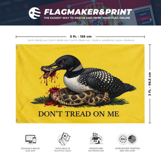 A mockup depicting custom flag specifications and measurements for 'Don'tTreadLoon flag'