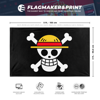 A mockup depicting custom flag specifications and measurements for 'Straw Hat Jolly Roger flag'