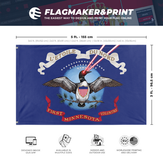 A mockup depicting custom flag specifications and measurements for 'First Minnesota Volunteers Laser Loon flag'