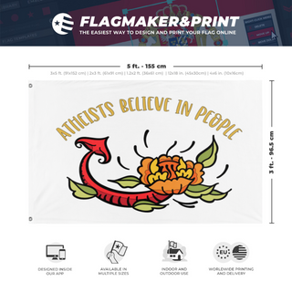 A mockup depicting custom flag specifications and measurements for 'Atheists Believe In People flag'