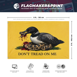 A mockup depicting custom flag specifications and measurements for 'Minnesota Loon Gadsden flag'