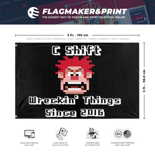 A mockup depicting custom flag specifications and measurements for 'C Shift flag'