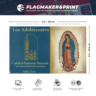 A mockup depicting custom flag specifications and measurements for 'Bandera Catedral Adolescentes flag'