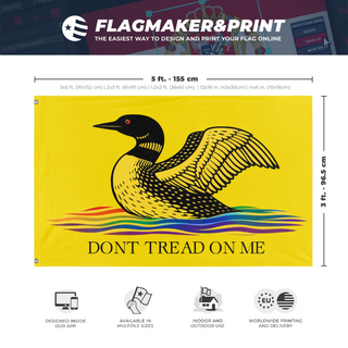 A mockup depicting custom flag specifications and measurements for 'Loon-y Gadsden flag'