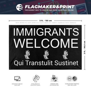 A mockup depicting custom flag specifications and measurements for 'Immigrants Welcome CT flag'