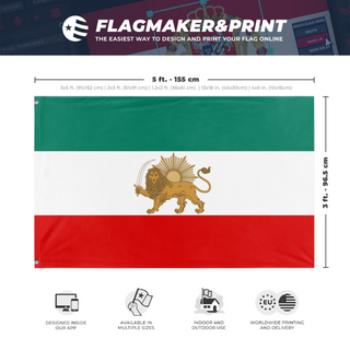A mockup depicting custom flag specifications and measurements for 'Lion & Sun flag'