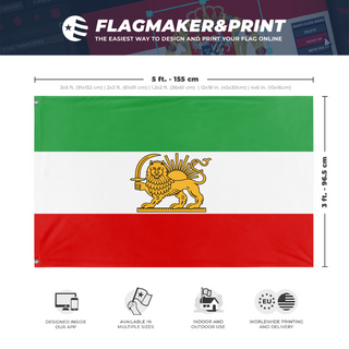 A mockup depicting custom flag specifications and measurements for 'Free Iran flag'
