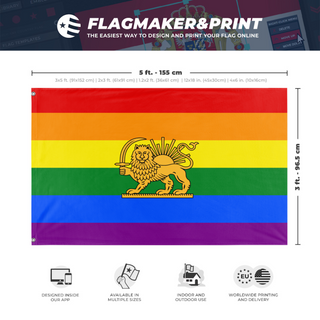 A mockup depicting custom flag specifications and measurements for 'Free Iran Pride flag'