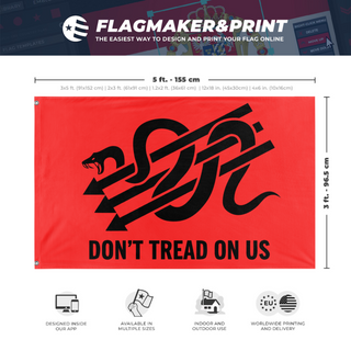 A mockup depicting custom flag specifications and measurements for 'Iron Front Gadsden flag'
