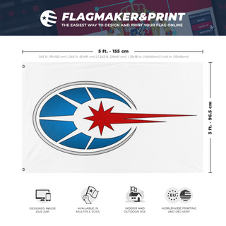 A mockup depicting custom flag specifications and measurements for 'Comstar flag'