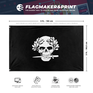 A mockup depicting custom flag specifications and measurements for 'Black Shirts flag'