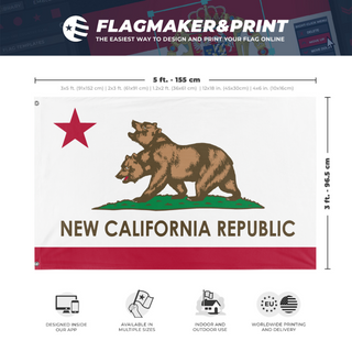 A mockup depicting custom flag specifications and measurements for '2026 New California Republic flag'
