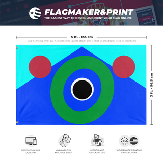 A mockup depicting custom flag specifications and measurements for 'zoooooooooooooooooooooooooooooooooooooooooooo flag'