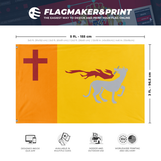 A mockup depicting custom flag specifications and measurements for 'Distributist flag'