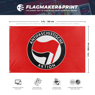 A mockup depicting custom flag specifications and measurements for 'ANTIFA flag'