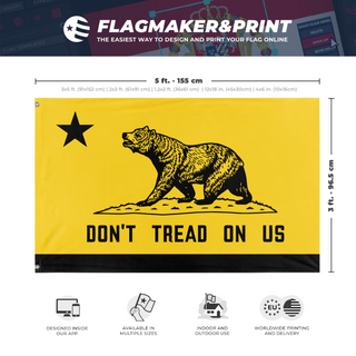 A mockup depicting custom flag specifications and measurements for 'California Gadsden flag'