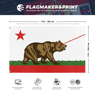 A mockup depicting custom flag specifications and measurements for 'California Laser Bear flag'