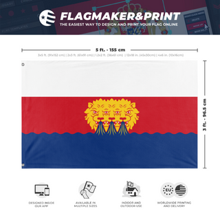 A mockup depicting custom flag specifications and measurements for 'tri-lion flag'