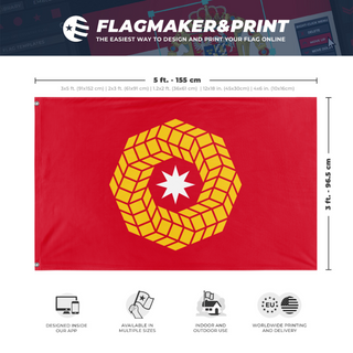 A mockup depicting custom flag specifications and measurements for 'hexawheel flag'