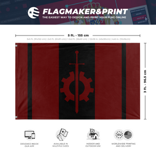 A mockup depicting custom flag specifications and measurements for 'Brotherhood Outcasts flag'