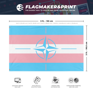 A mockup depicting custom flag specifications and measurements for 'trans nato flag'