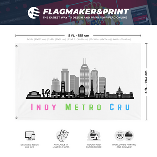 A mockup depicting custom flag specifications and measurements for 'Indy Metro Cru flag'