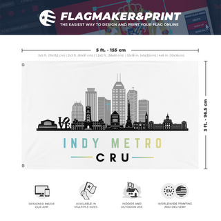 A mockup depicting custom flag specifications and measurements for 'Indy Metro Cru flag'