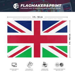 A mockup depicting custom flag specifications and measurements for 'United Kingdom of Great Britain and Northern Ireland'