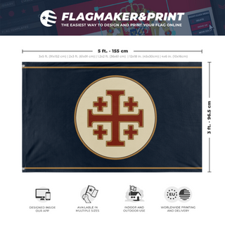 A mockup depicting custom flag specifications and measurements for 'Dark Blue Templar flag'