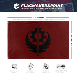 A mockup depicting custom flag specifications and measurements for 'Traditional Brotherhood of Steel flag'