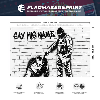 A mockup depicting custom flag specifications and measurements for 'Alex Pretti Say His Name flag'