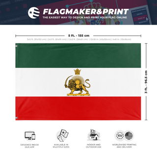 A mockup depicting custom flag specifications and measurements for 'ROYAL IRAN FLAG'