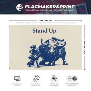 A mockup depicting custom flag specifications and measurements for 'Stand Up flag'