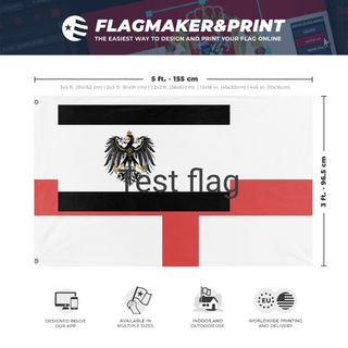 A mockup depicting custom flag specifications and measurements for 'Test t flag'