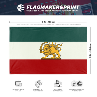 A mockup depicting custom flag specifications and measurements for 'Iran flag'