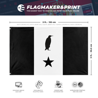 A mockup depicting custom flag specifications and measurements for 'Penguinian Flag'