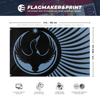 A mockup depicting custom flag specifications and measurements for 'Rebel Loon flag'