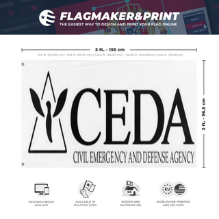 A mockup depicting custom flag specifications and measurements for 'CEDA flag'