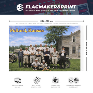 A mockup depicting custom flag specifications and measurements for 'test flag'