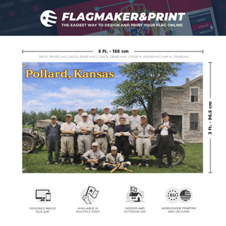 A mockup depicting custom flag specifications and measurements for 'test 6 flag'