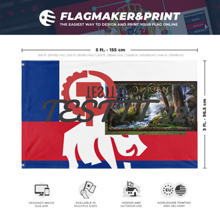 A mockup depicting custom flag specifications and measurements for 'test 8 flag'