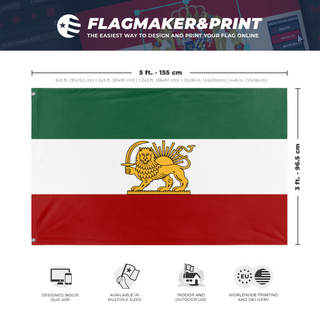 A mockup depicting custom flag specifications and measurements for 'Iran Lion and Sun flag'