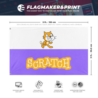 A mockup depicting custom flag specifications and measurements for 'Scratch Flag'