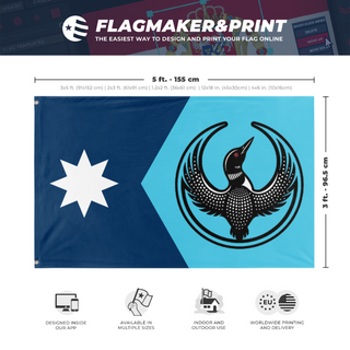 A mockup depicting custom flag specifications and measurements for 'MN Rebel Loon flag'