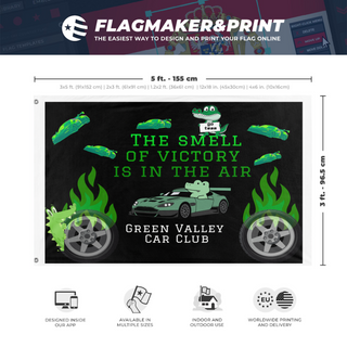 A mockup depicting custom flag specifications and measurements for 'greenpower flag'