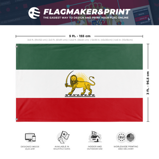 A mockup depicting custom flag specifications and measurements for 'Iran flag'